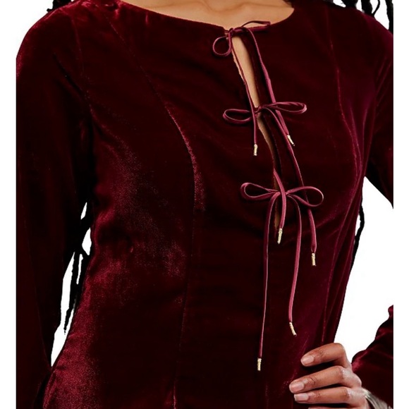 Free People Linney Velvet Mini Dress Cabernet Burgundy Lace Up Boho Size 2 NWOT - Picture 5 of 10
